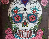 Day of the Dead Smiling Skull with Roses Wood Pallet Art, Mexican Folk Art, Mexico Style Decor, Wedding Gift for Him, For Her, Folklorico