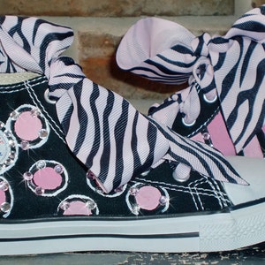 Pink and Black Animal Print Painted High Top Converse Girls Shoes, Personalized with Childs Name, Rhinestone Crystal Bling, Ribbon Laces image 4