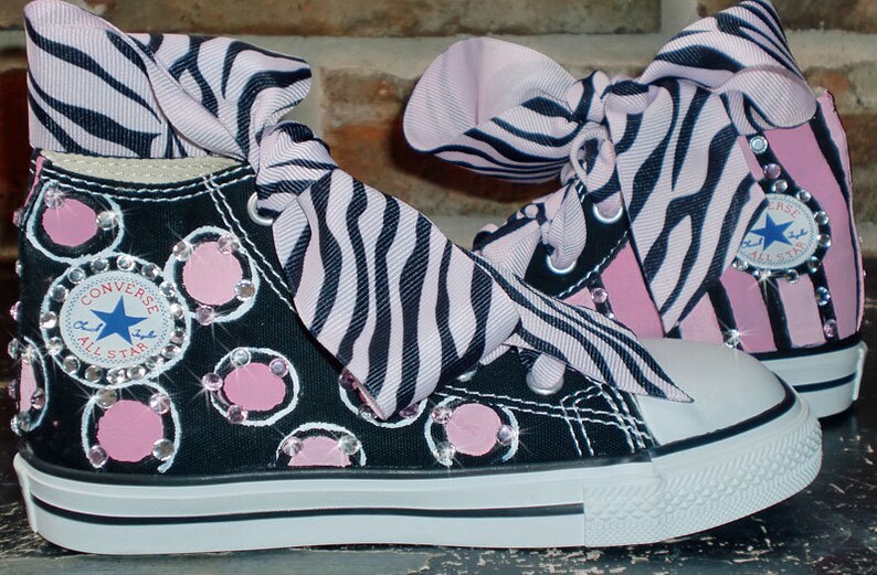 Pink and Black Animal Print Painted High Top Converse Girls Shoes, Personalized with Childs Name, Rhinestone Crystal Bling, Ribbon Laces image 4