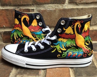 Custom Painted Rainbow Phoenix on Hi Top Sneakers, Mens Chuck Taylors Shoes, Music Festival, Rave Party, Birthday GIft. Gay Pride Shoes