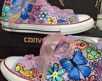 Custom Converse Sneakers for Flower Girl, Floral Chuck Taylors for Kid, Aesthetic Hand Painted Butterfly Paisley Rainbow Bridal Party, Lilac
