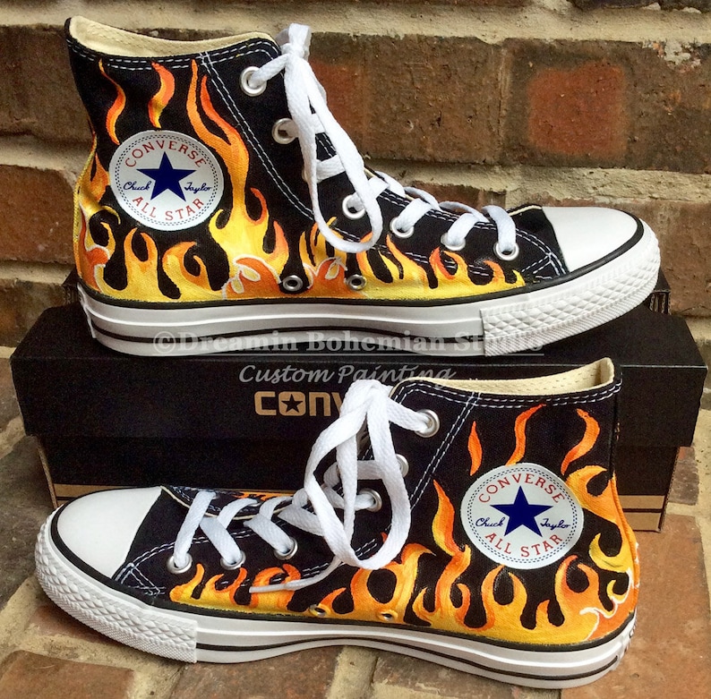 Custom Hand Painted Flames on Black Converse High Tops Fire Etsy