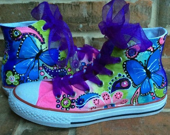 Custom Butterfly Converse, Painted Ombre Rainbow Sneakers, Handmade Hi top Chucks Butterflies, Flower Girl, Fairy Birthday Party for Girl