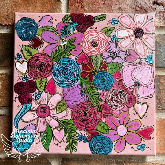 Pink Flowers Floral Painting art on 10x10 Canvas