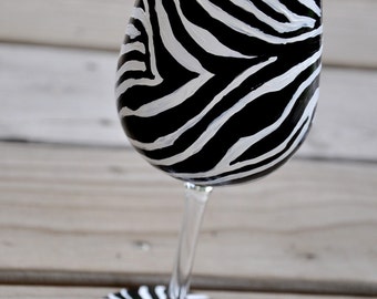 Zebra Wine Glass Custom Hand Painted with a Wild Black and White Pattern, Safari Animal Print Bar Decor, Party Glasses, Girls Night Out