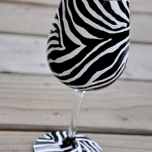 Zebra Wine Glass Custom Hand Painted with a Wild Black and White Pattern, Safari Animal Print Bar Decor, Party Glasses, Girls Night Out