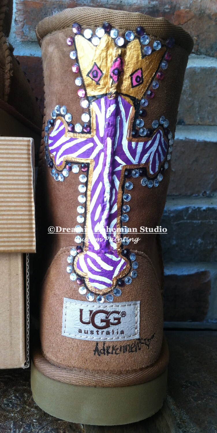 Custom Uggs American Flag Cross and Bling Patriotic Red White 