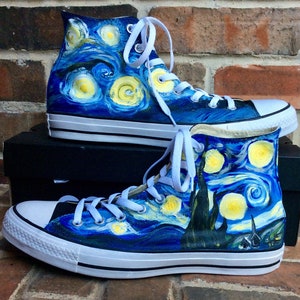 Custom Sneakers Mens Size Hand Painted Starry Night Converse, Unisex Van Gogh Painting on Black High Top Shoes, Artsy Fartsy Shoe Collector