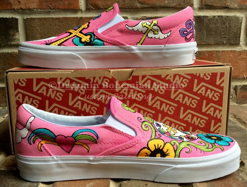 Custom Sneakers Day of the Dead Shoes Hand Painted Vans Etsy
