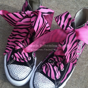 Name Painted on Kids Hi Top Converse Sneaker, Hot Pink, Black Zebra Print HandPainted Chuck Taylors, Girl Birthday Party, Dance Shoe Bling