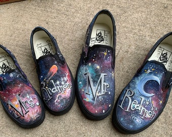 Bride-Groom slip-on VANS 2 Pair Custom Painted Galaxy Shoes , Wedding Party Personalized Monochrome Black Skate Sneakers  Mr and Mrs