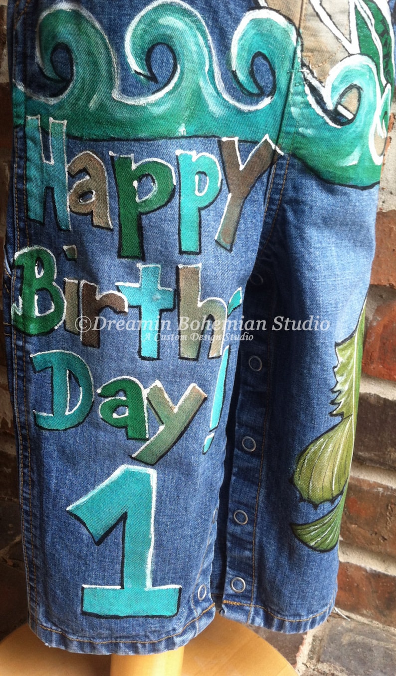 Denim Overalls Boys Custom HandPainted Birthday Party Outfit, Hunting, Fishing, Bear, Raccoon, Boat, Perfect for Father Son Photo Shoot, boy image 3