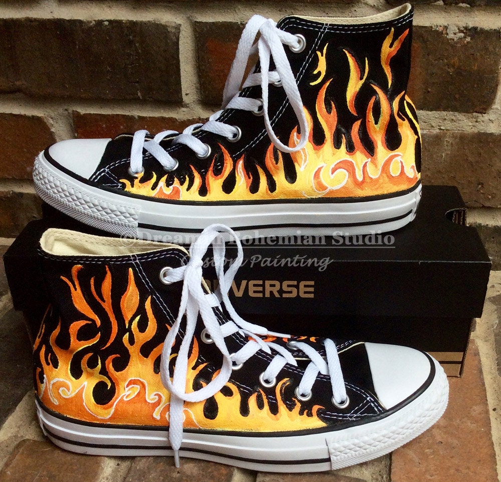 Custom Hand Painted Flames on Black Converse High Tops Fire 