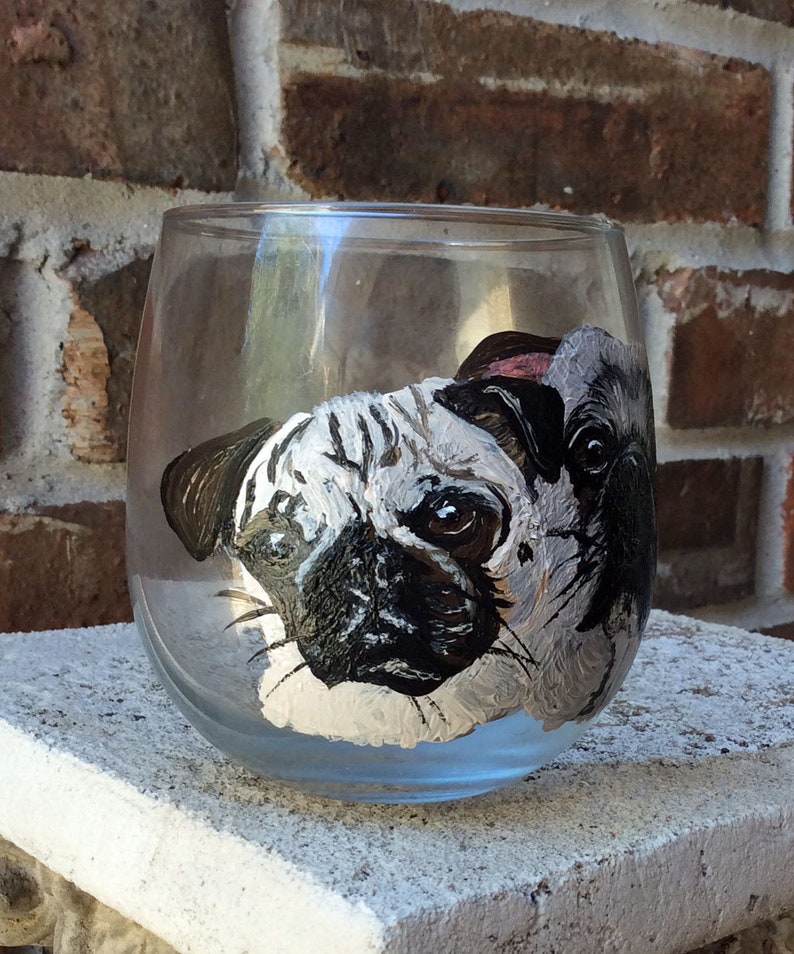 Pet Portrait Stemless Wine Glass Pug Pug Gifts Personalized | Etsy