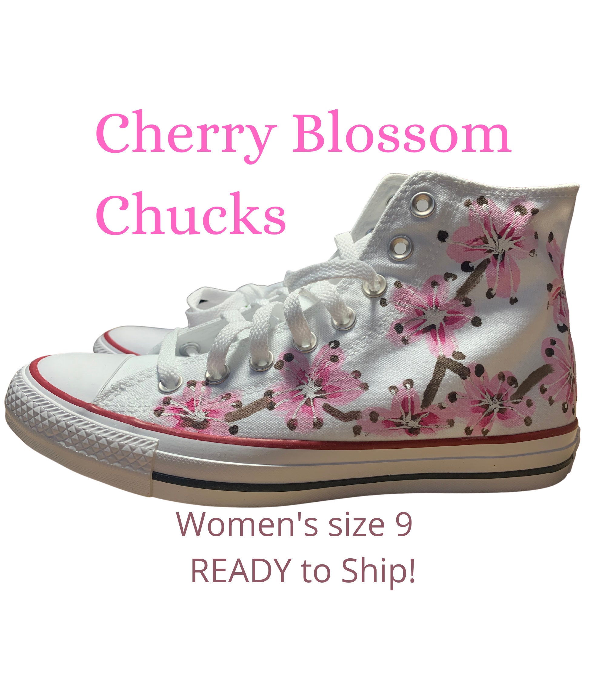 Converse White Hi Tops With Hand Painted Cherry Blossom Pink
