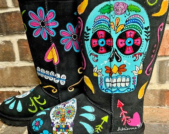Sugar Skull UGG boots, Hand Painted Colorful Mexican Style, Ethnic Gift for Girlfriend, Wife, Calaveras Festival Wear, Custom Gift for Her