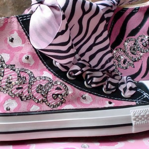 Pink and Black Animal Print Painted High Top Converse Girls Shoes, Personalized with Childs Name, Rhinestone Crystal Bling, Ribbon Laces image 2