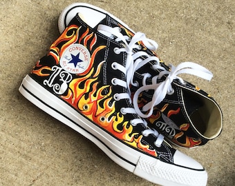 Unique Hand-Painted Black Hi-Top Converse with Fiery Flames and Skulls
