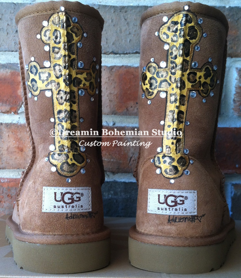 Custom Uggs American Flag Cross and Bling Patriotic Red White 