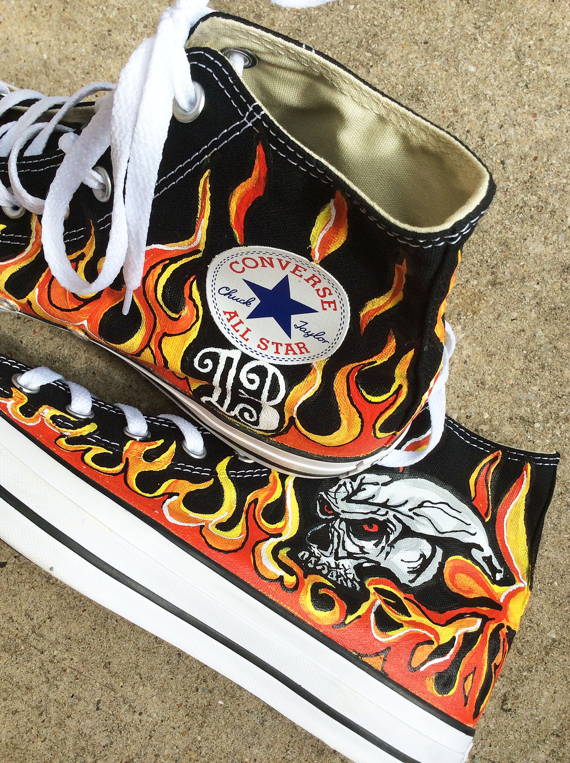Skulls Engulfed in Flames Hand Painted Black Hi Top Converse | Etsy