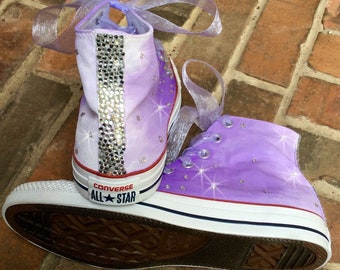Custom Sneakers Youth size with ribbon laces HandPainted Purple Ombre Chucks, Painted Converse Hi Tops, Bohemian Wedding Party Flower Girl