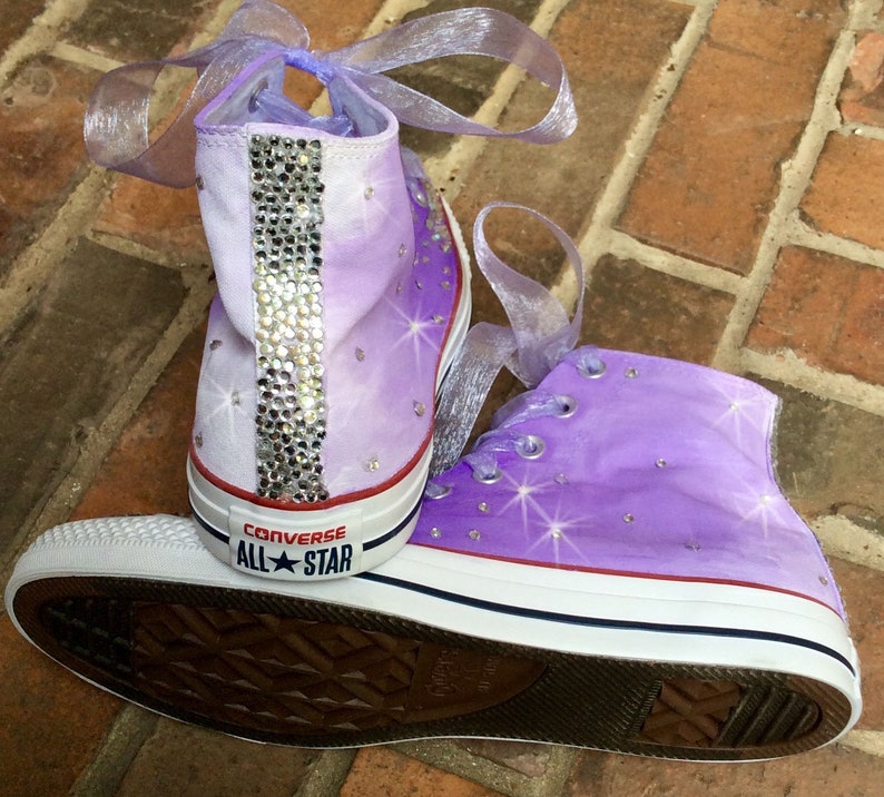Custom Sneakers Youth size with ribbon laces HandPainted Purple Ombre Chucks, Painted Converse Hi Tops, Bohemian Wedding Party Flower Girl image 1