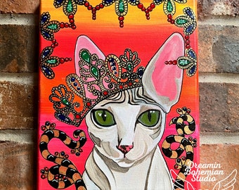 Wall Art Decor, Sphinx Hairless Cat Painting, Handmade Gift, 8x10 inch rectangle, Canvas Wall Art Acrylic Painting  Hot pink, crown jewels