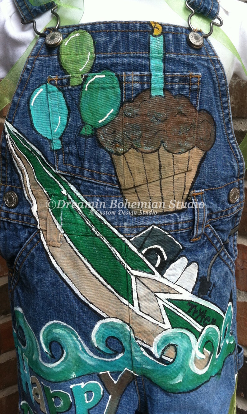 Denim Overalls Boys Custom HandPainted Birthday Party Outfit, Hunting, Fishing, Bear, Raccoon, Boat, Perfect for Father Son Photo Shoot, boy image 4