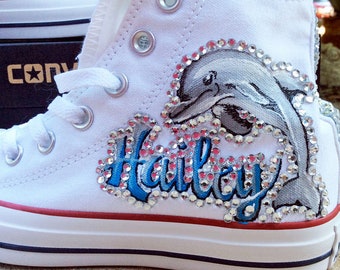 Dolphin Hand Painted Converse All Stars Sneakers, Grey, White and Blue Sealife Adult Size Womens Shoe, Personalized with name and date