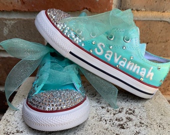 Custom Sneakers Toddler size with ribbon laces HandPainted Aqua Ombre Chucks, Painted Converse Low Tops, Fairy Princess Birthday Party Shoes