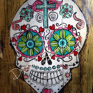 Mexican Folk Art, Skull Decor, Dia de los Muertos, Painting on Pallet Wood, Gold Gallery Wall, Whimsical colors, Present for Wife, Spouse image 1