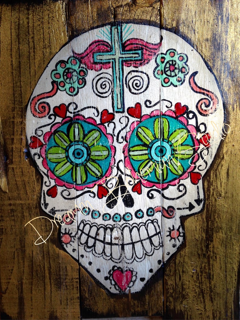 Mexican Folk Art, Skull Decor, Dia de los Muertos, Painting on Pallet Wood, Gold Gallery Wall, Whimsical colors, Present for Wife, Spouse image 1