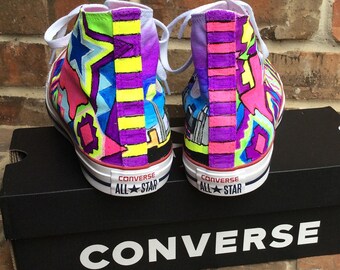Custom Neon Painted Converse High Tops, Texas Aztec Design - Etsy