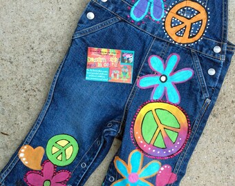 Custom Overalls for Girls Painted with Peace Signs, Floral, Rhinestones Boutique Outfit Rainbows for Toddler Birthday Party, Can Customize