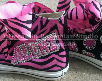 Hot Pink and Black Zebra Print Painted Personalized Converse High Top Sneakers, Rhinestone Crystals, Pink Polka Dots, Ribbon Laces, Ladies