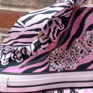 Pink and Black Animal Print Painted High Top Converse Girls Shoes, Personalized with Childs Name, Rhinestone Crystal Bling, Ribbon Laces image 1