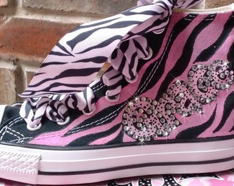 Pink and Black Animal Print Painted High Top Converse Girls Shoes, Personalized with Childs Name, Rhinestone Crystal Bling, Ribbon Laces