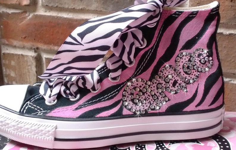 Pink and Black Animal Print Painted High Top Converse Girls Shoes, Personalized with Childs Name, Rhinestone Crystal Bling, Ribbon Laces image 1