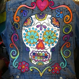 Painted Denim Jacket, Custom Sugar Skull Jean Jacket for Day of the Dead Fiesta, Dia de los Muertos Celebrations, Cinco de Mayo, DOTD image 5