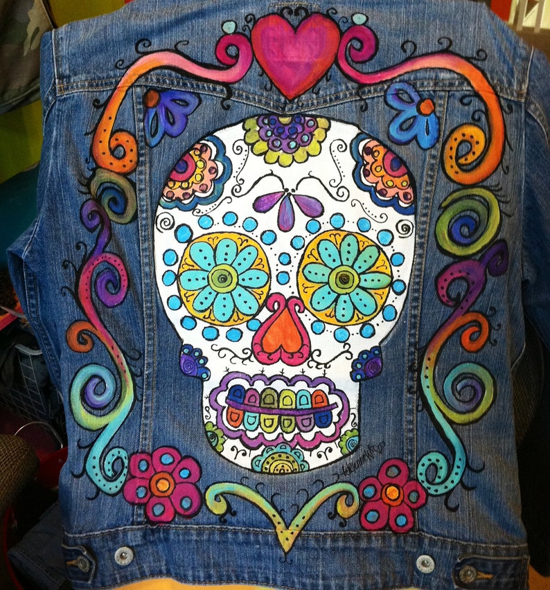 Painted Denim Jacket, Custom Sugar Skull Jean Jacket for Day of the Dead Fiesta, Dia de los Muertos Celebrations, Cinco de Mayo, DOTD image 5