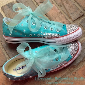 Hand Painted Custom Converse for Toddler GIrl with ribbon laces Teal Ombre Sneakers, Low Tops, Bohemian Wedding Party Flower Girl