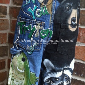 Denim Overalls Boys Custom HandPainted Birthday Party Outfit, Hunting, Fishing, Bear, Raccoon, Boat, Perfect for Father Son Photo Shoot, boy image 1