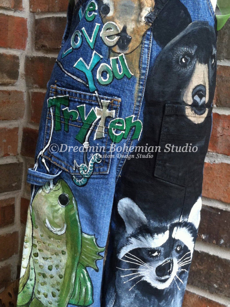 Denim Overalls Boys Custom HandPainted Birthday Party Outfit, Hunting, Fishing, Bear, Raccoon, Boat, Perfect for Father Son Photo Shoot, boy image 1