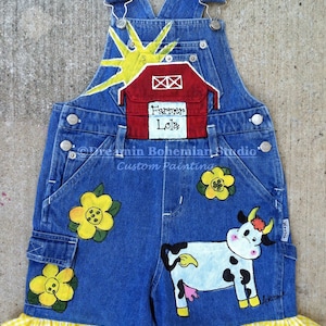 Denim Overalls for Toddler Girl Farm Animals Birthday. Custom Painted Barnyard Party Clothing, Dungarees for First Bday Outfit, Cow, Horse