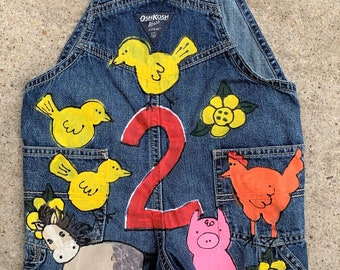 Overalls custom painted for Toddler Girl Birthday Outfit, Farm Animals, Barnyard Party Clothing for 1st Second Bday Outfit, Cow, Horse