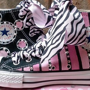 Pink and Black Animal Print Painted High Top Converse Girls Shoes, Personalized with Childs Name, Rhinestone Crystal Bling, Ribbon Laces image 3