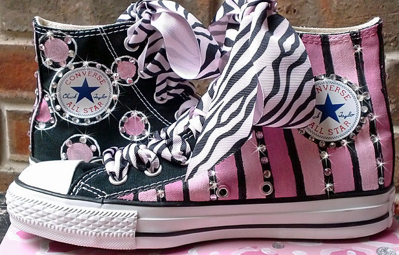 Pink and Black Animal Print Painted High Top Converse Girls Shoes, Personalized with Childs Name, Rhinestone Crystal Bling, Ribbon Laces image 3