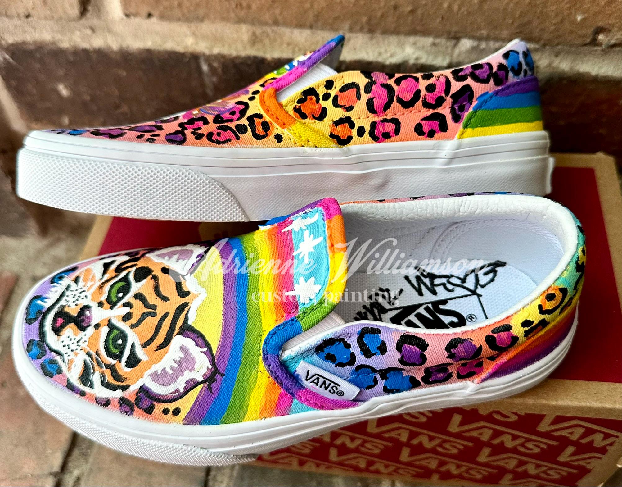 Hand Painted Vans Slip-on Sneakers, Rainbow Cheetah, Tiger 