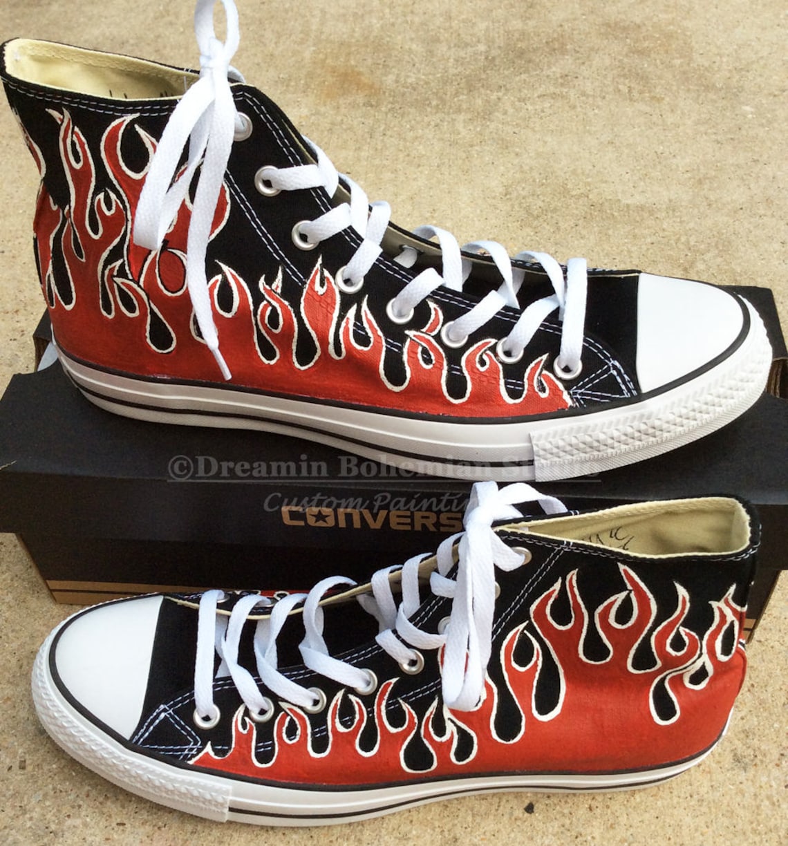 Painted Flame Converse Shoes Red Pin Striping Flames Old - Etsy