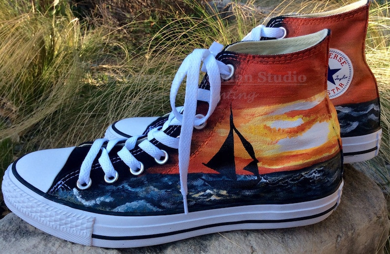 Custom Sneakers Handpainted Converse with Sunset and Sailboat | Etsy